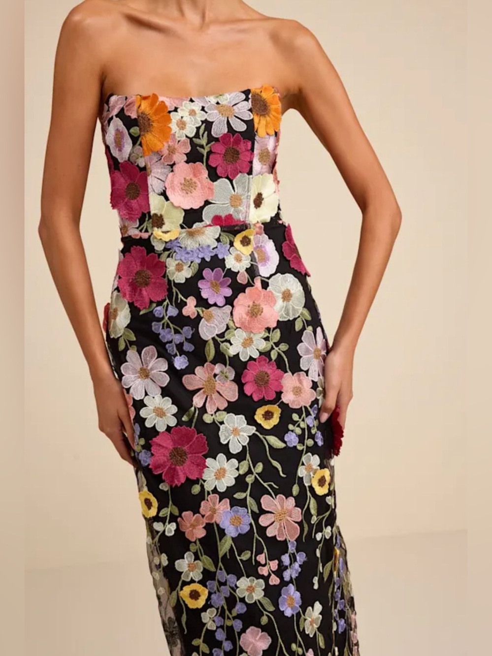 ❤️LULUS❤️Macario Black Multi 3d Floral Embroidered Strapless Maxi Dress - Size L - Picture 5 of 5